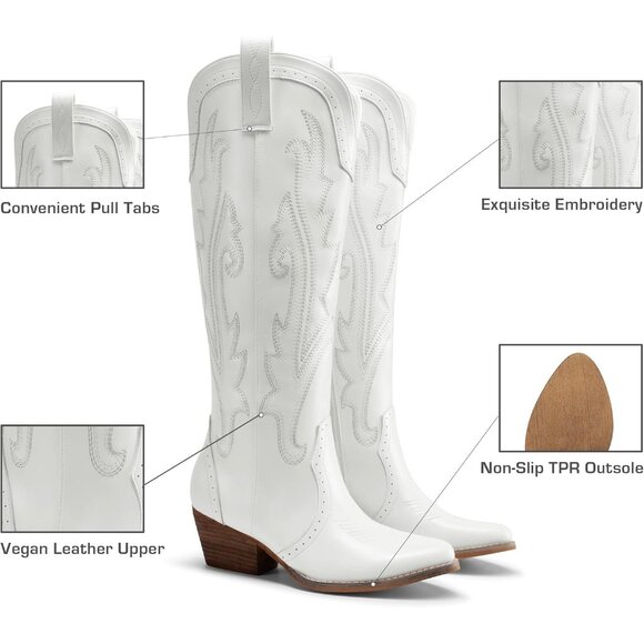 DREAM PAIRS Womens White Cowboy Boots Wide Calf Knee High Ladies - Picture 3 of 9